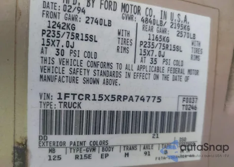 1994 Ford Ranger Super Cab z USA, uszkodzony, nr VIN 1FTCR15X5RPA74775